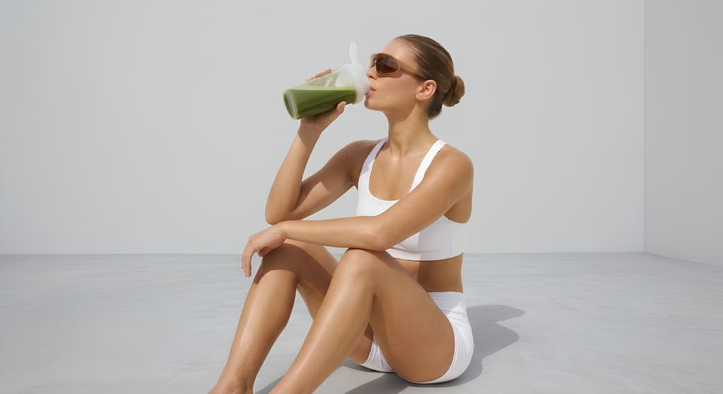 Woman in white sportswear sitting on a grey floor, drinking a green shake